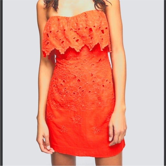 Free People Orange Strapless Sheath Cocktail Dress mini lace short cottage core - Picture 1 of 13